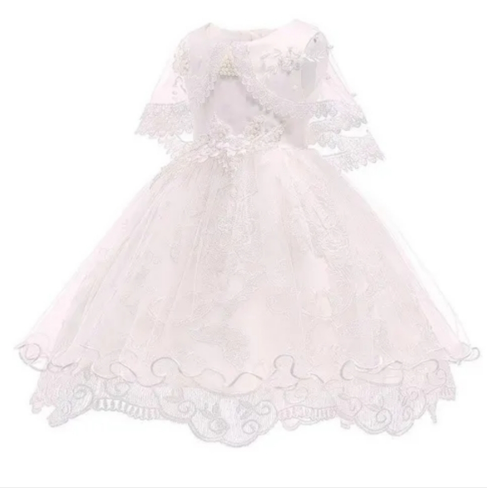 Girls 7/8 White Dress embroidery mesh lace sleeveless cape beading flower girl